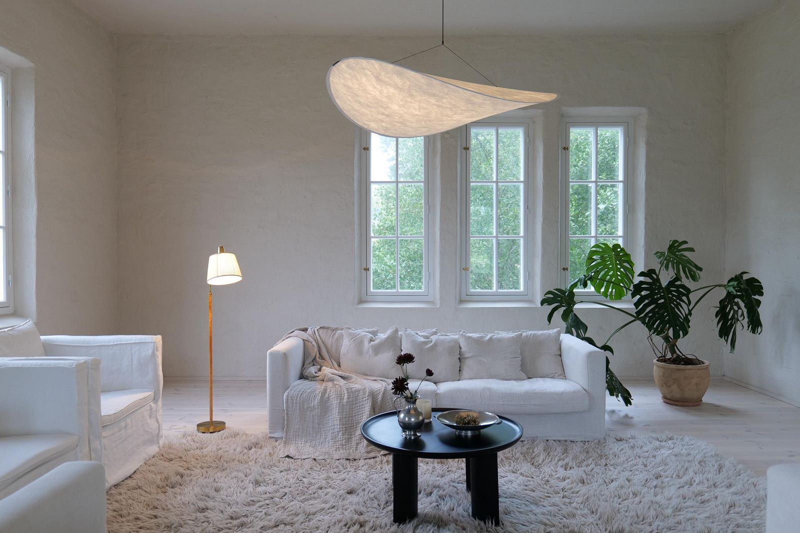 Mid Century Brass Brown Leather Floor Lamp Falkenbergs Belysning, Sweden, 1960s photo for sale