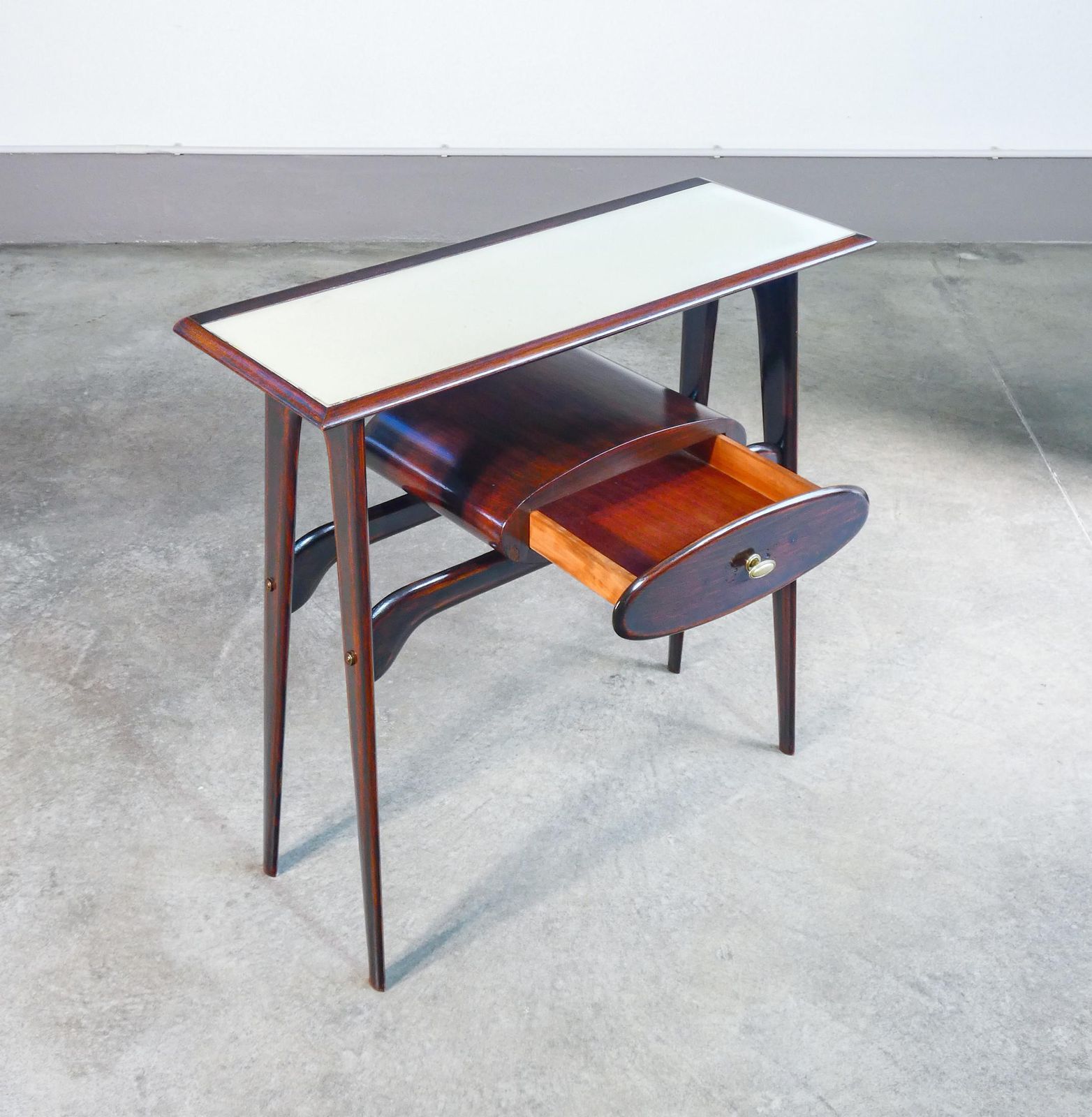 Console, Design Ignazio Gardella In Wood, Drawer And Glass Top. 1950s photo vinterior