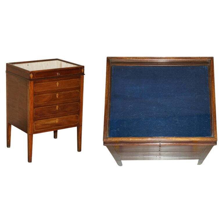 Stunning Antique Victorian Sheraton Walnut Drawers With Napoleonic Blue Display