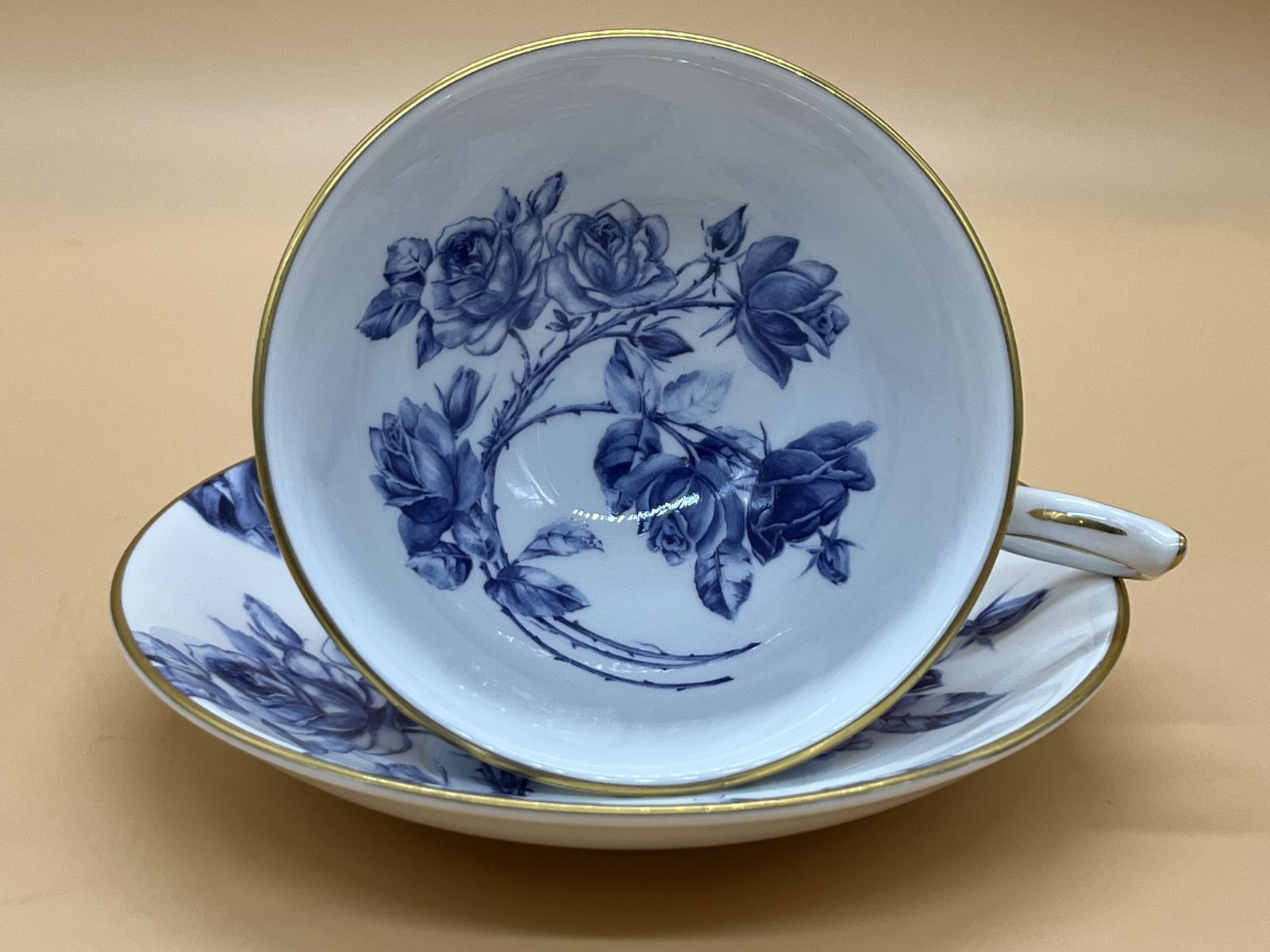 75.0 Aynsley China Athens Shape Elizabeth Rose Blue Design Tea Cup & Saucer Duo. photo