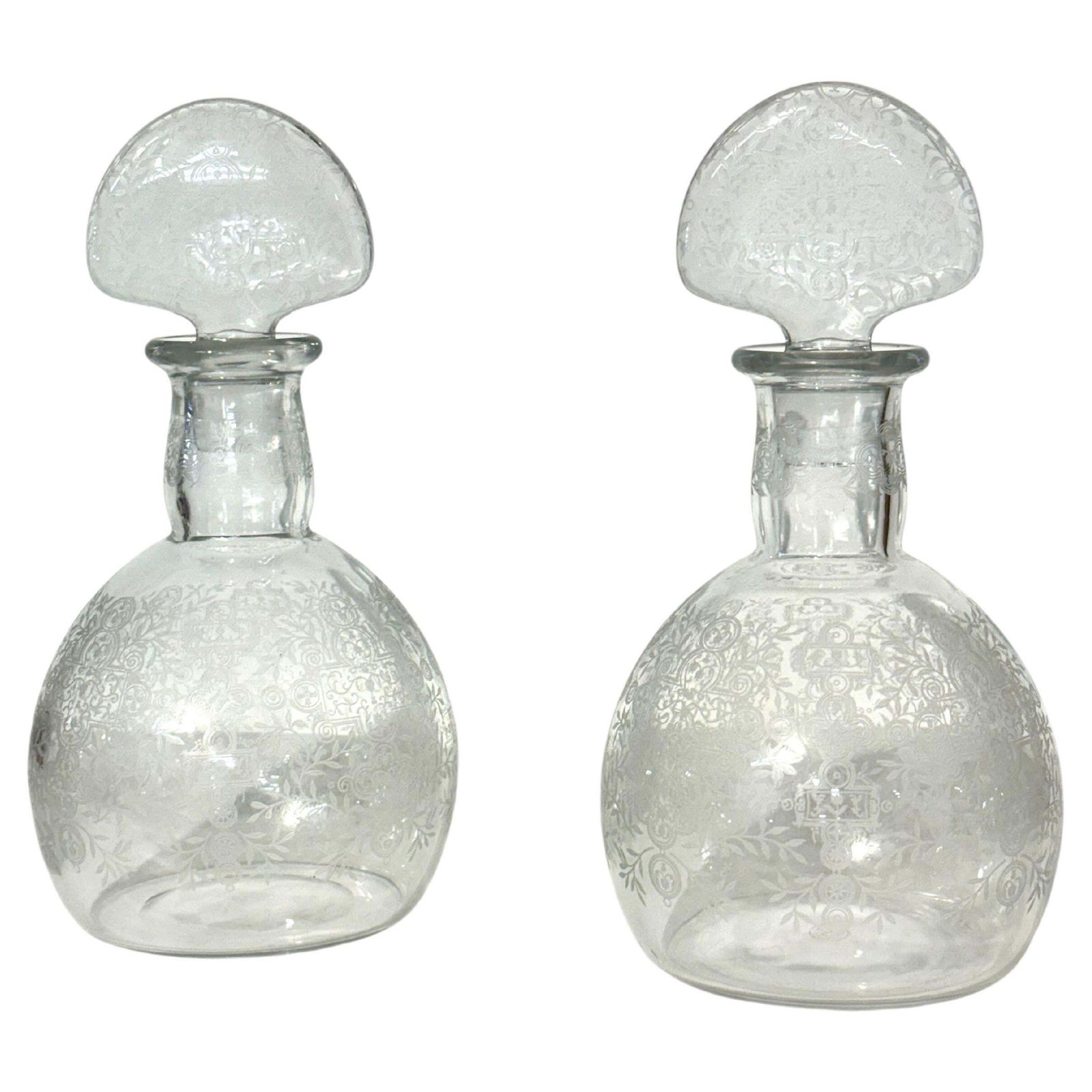 Pair Of Baccarat Rohan Engraved Crystal Decanters With Mushroom Stoppers