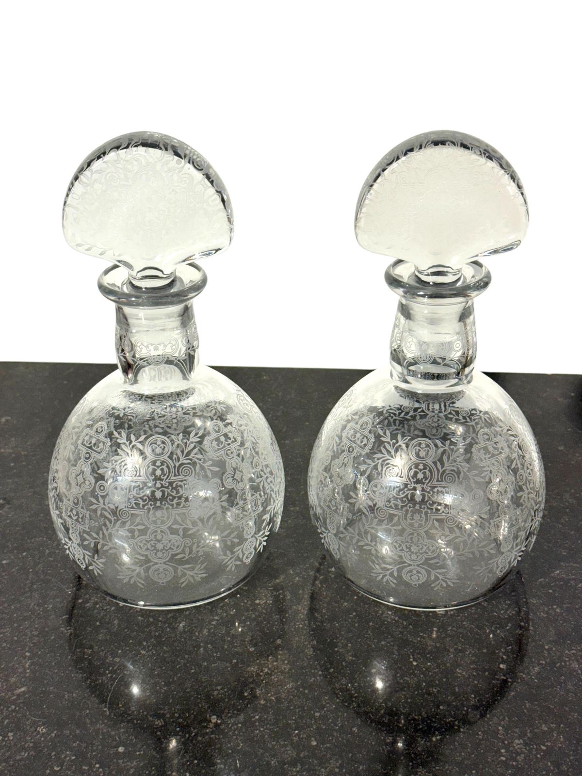 Pair Of Baccarat Rohan Engraved Crystal Decanters With Mushroom Stoppers photo Home Decor