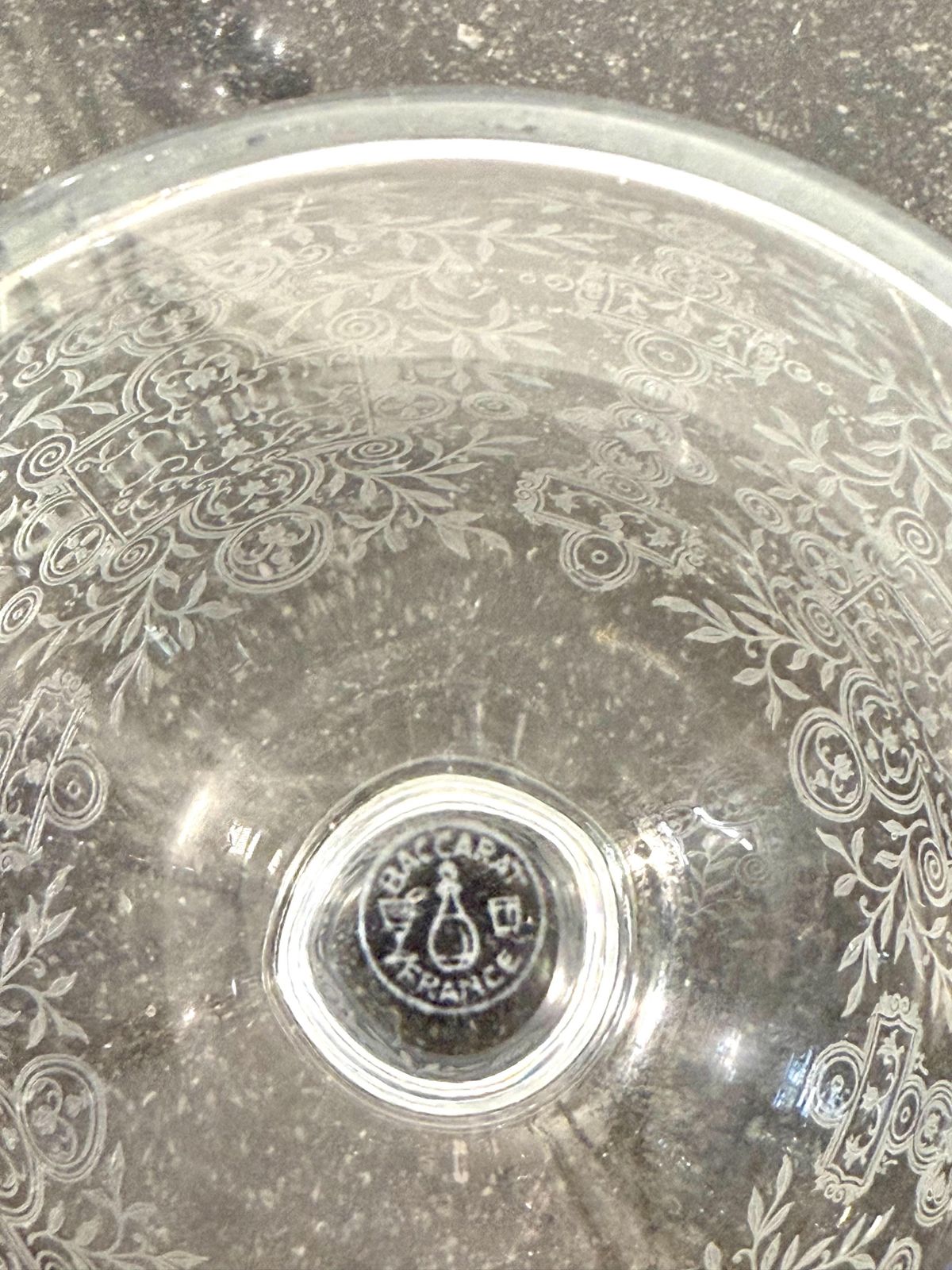 photo for sale Pair Of Baccarat Rohan Engraved Crystal Decanters With Mushroom Stoppers