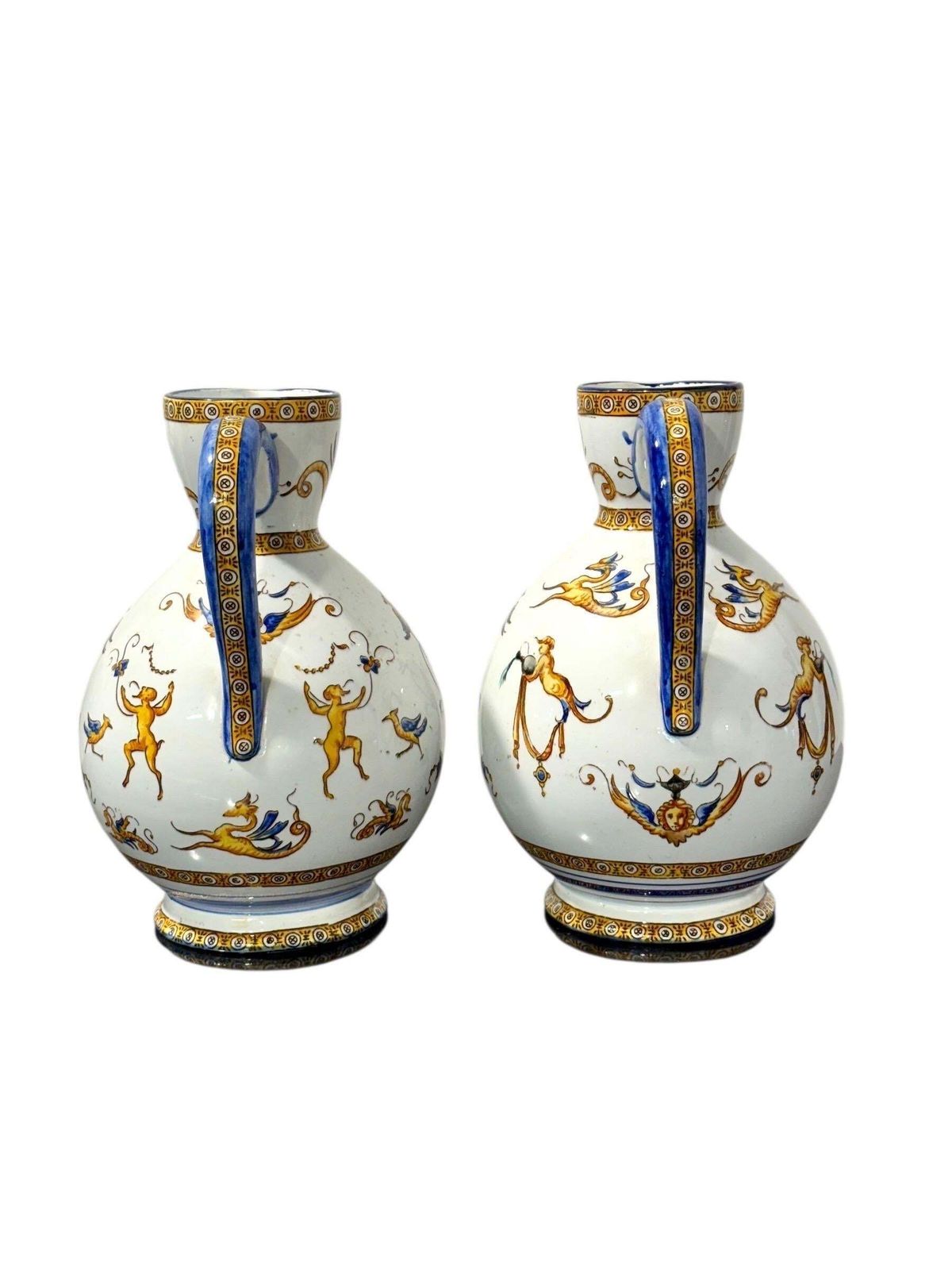 Home Decor Pair Of Gien Renaissance Revival Faience Pitchers, 19th Century photo
