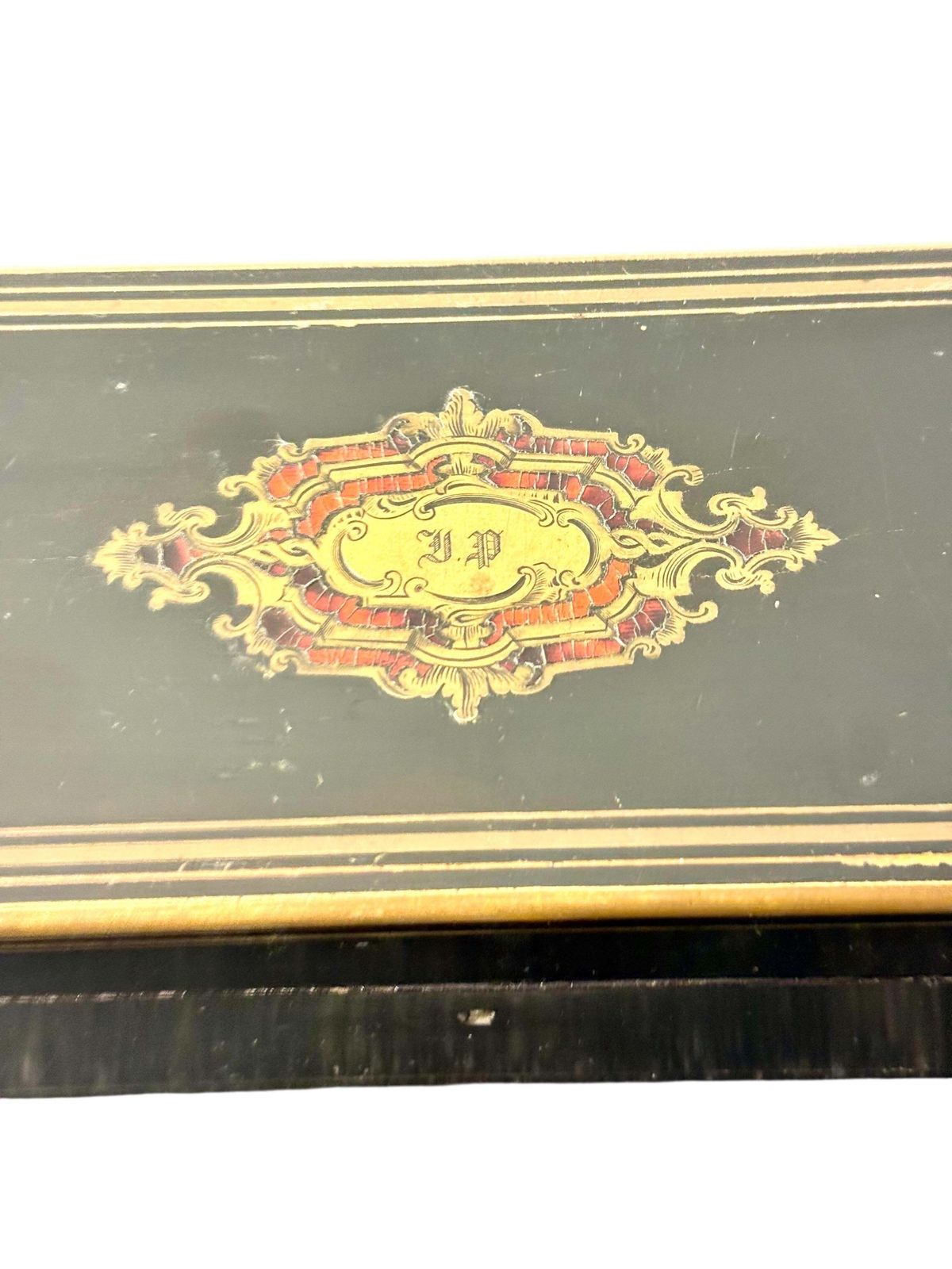 French Napoléon III Black Lacquer Box With Boulle Style Cartouche photo buy