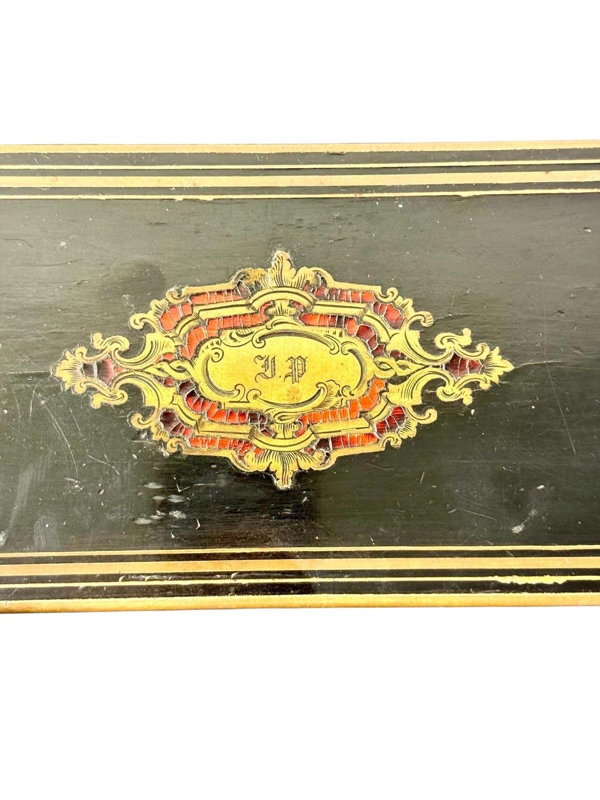 Home Decor French Napoléon III Black Lacquer Box With Boulle Style Cartouche photo
