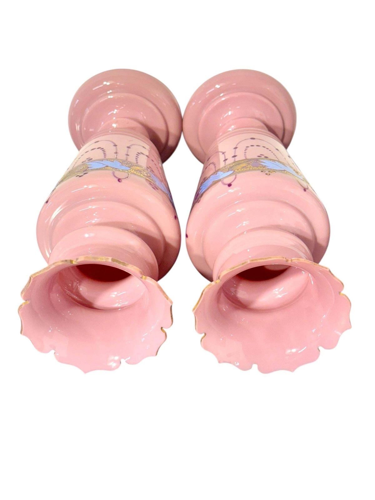 Pair Of 19th Century Pink Opaline Glass Vases With Gilt Décor photo for sale