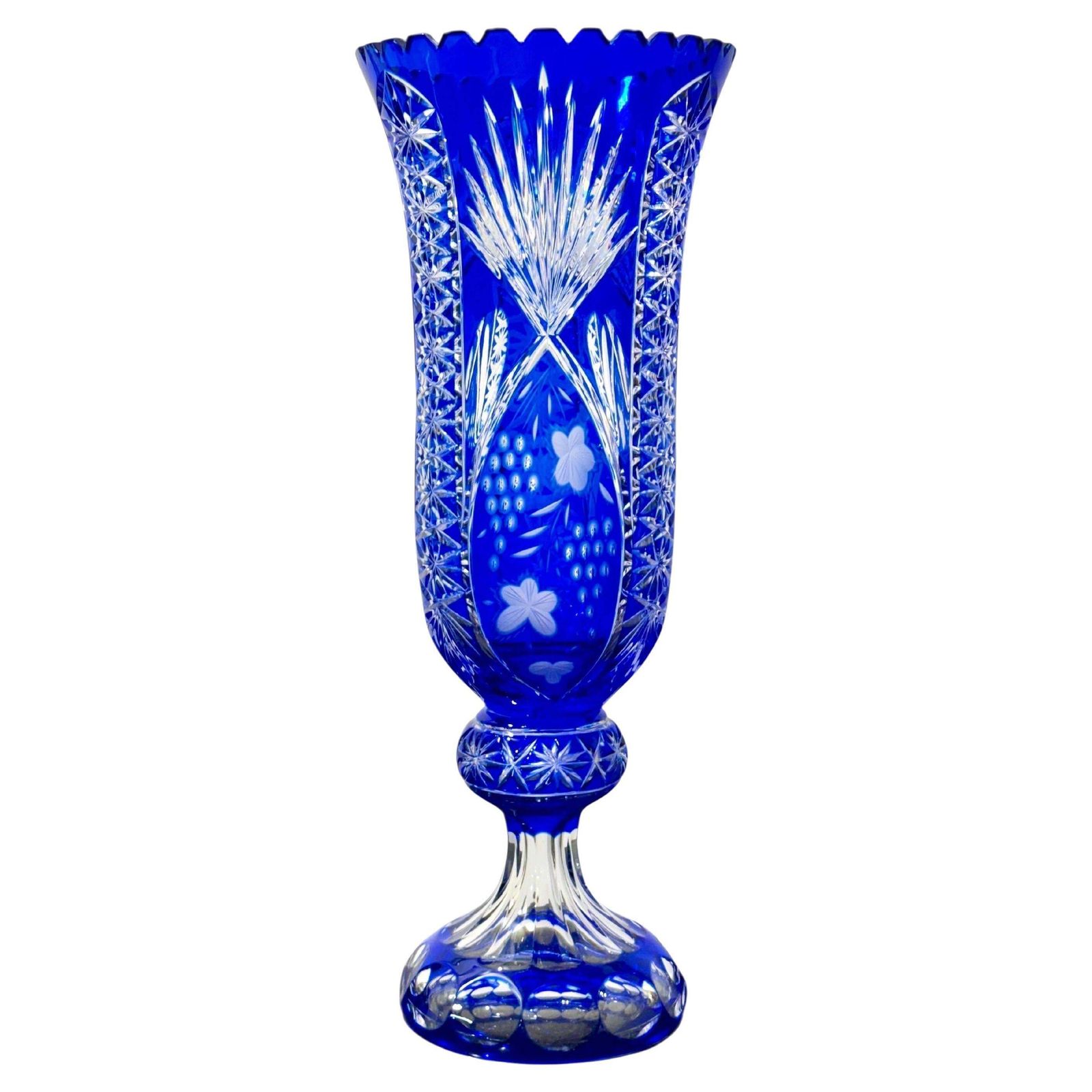 Large Blue Overlay Bohemian Crystal Vase On Pedestal Base