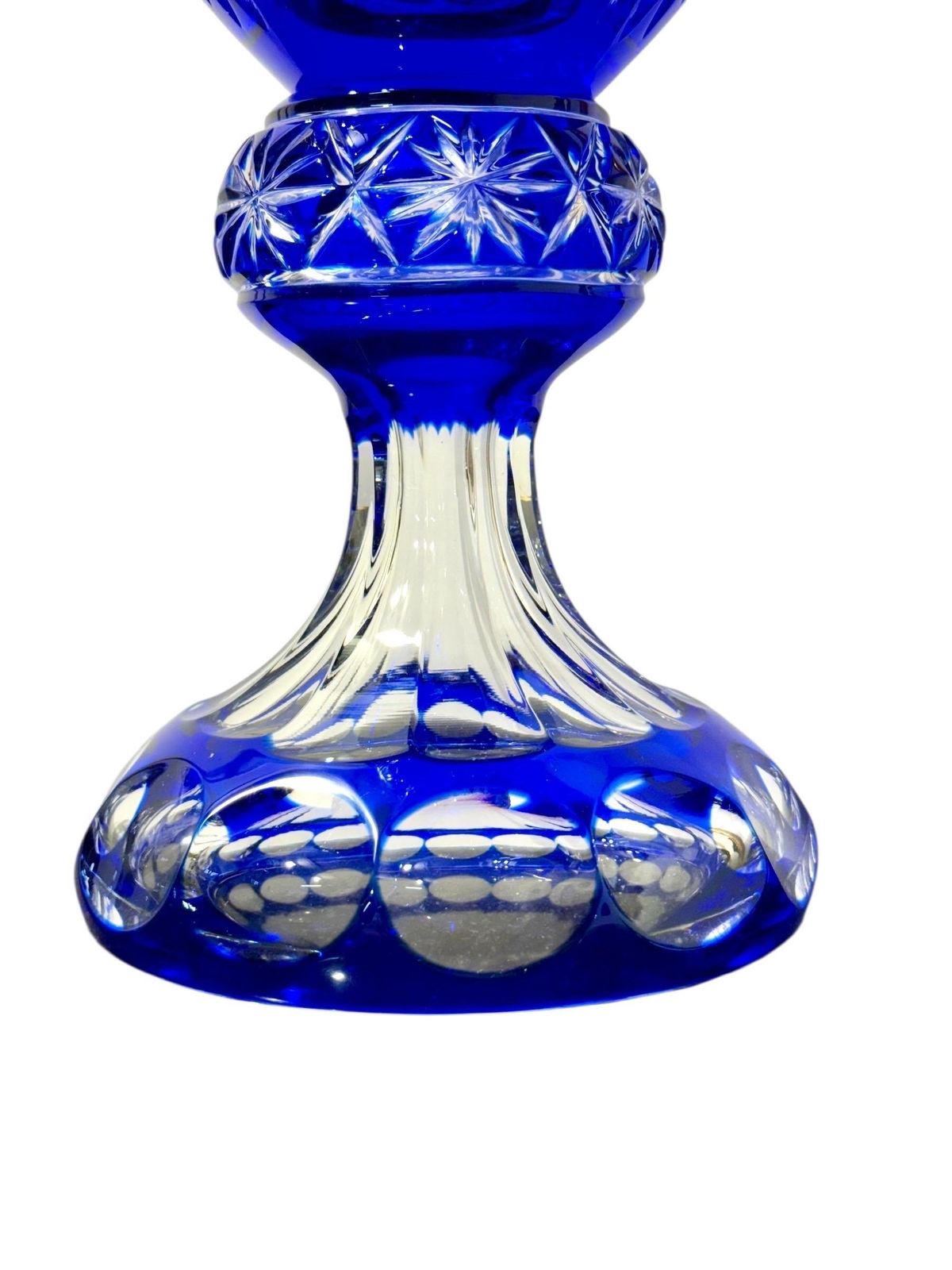 Large Blue Overlay Bohemian Crystal Vase On Pedestal Base photo for sale