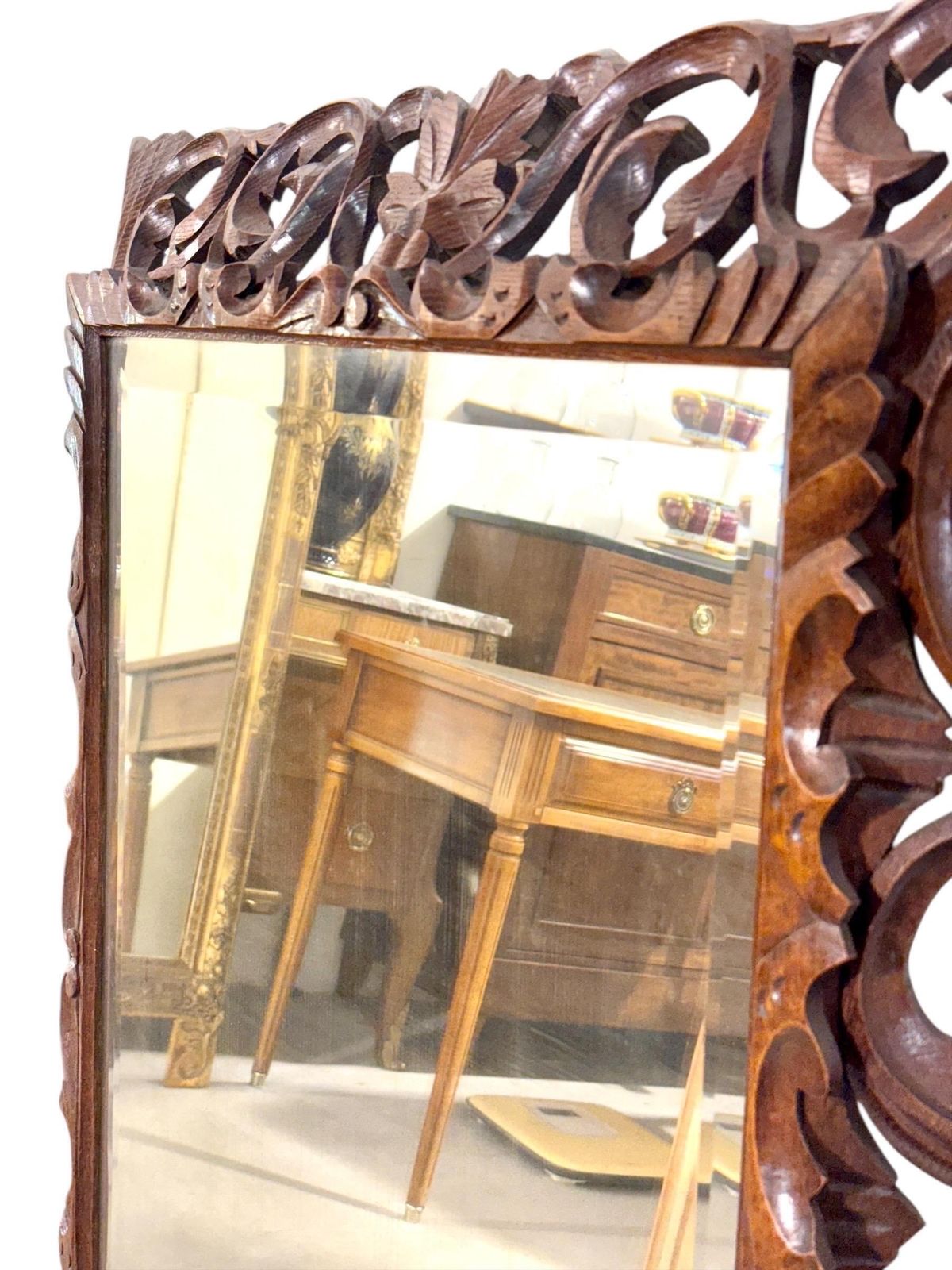 19th Century French Hand Carved Oak Beveled Mirror photo furniture