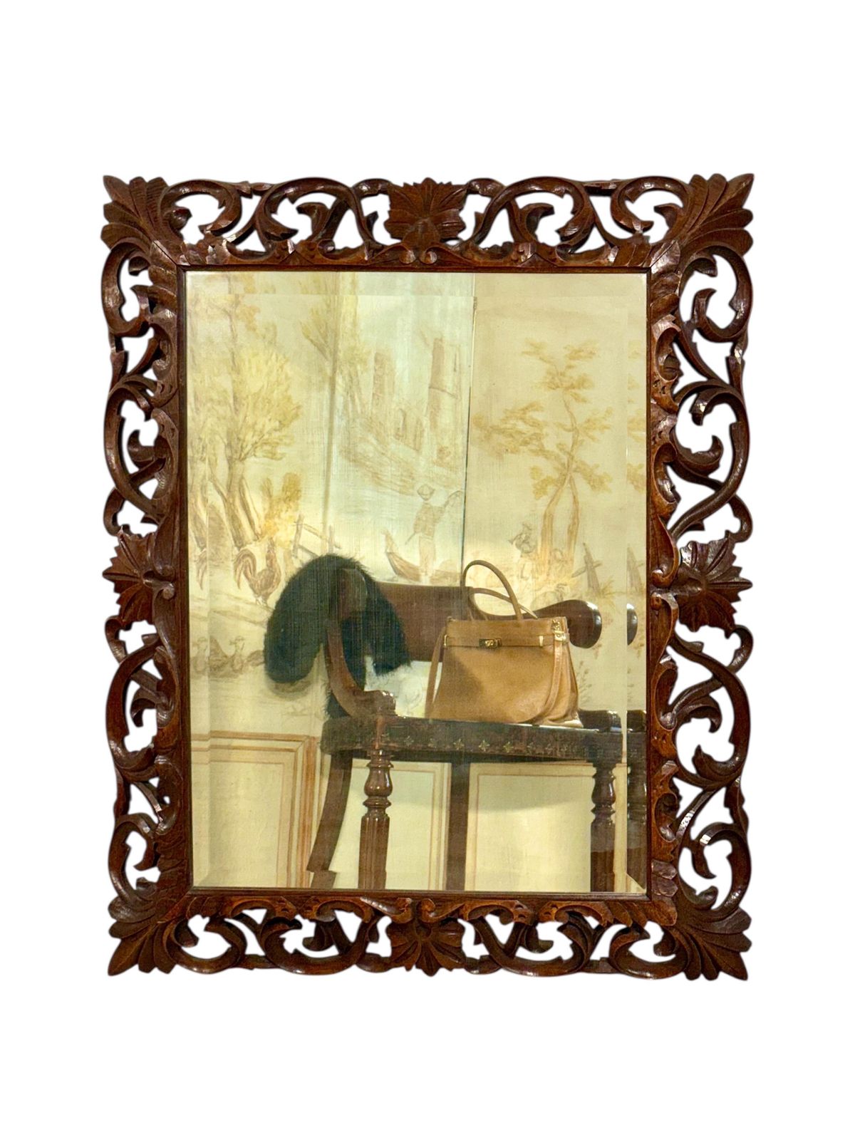 19th Century French Hand Carved Oak Beveled Mirror photo vintage