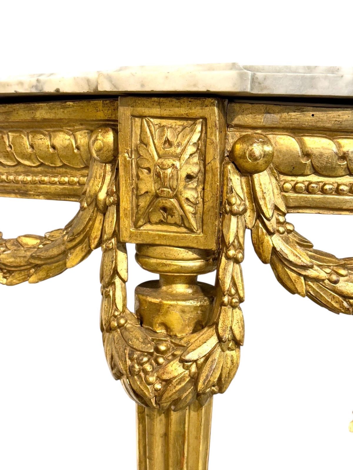 photo for sale 19th Century Louis XVI Giltwood Demi Lune Console With Carrara Marble Top