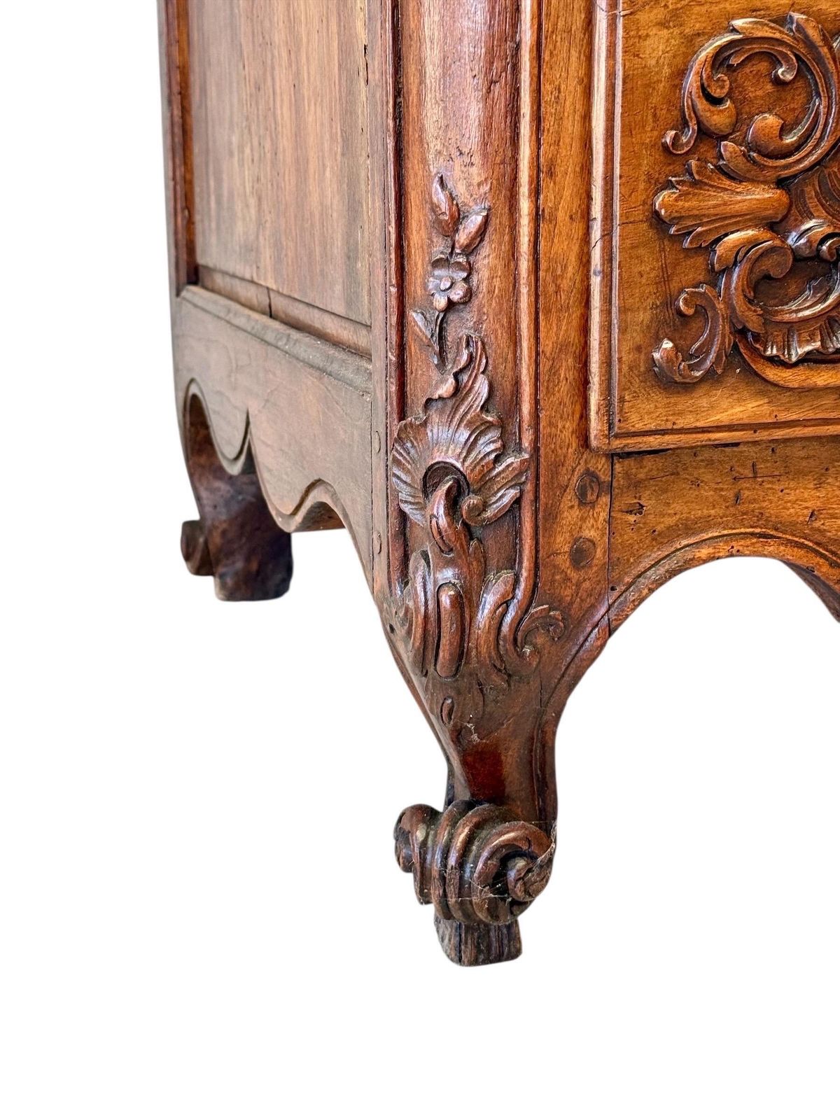 18th Century French Louis XV Walnut Commode With Ornate Carvings photo for sale
