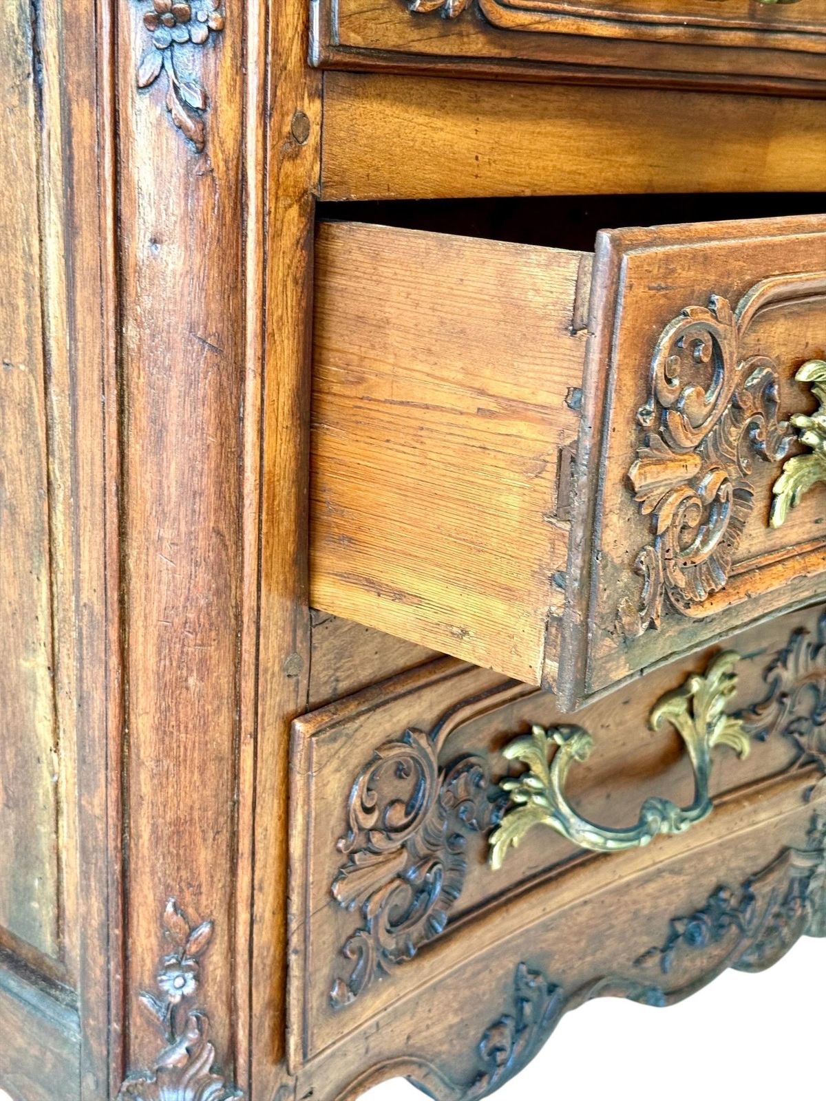 photo for sale 18th Century French Louis XV Walnut Commode With Ornate Carvings