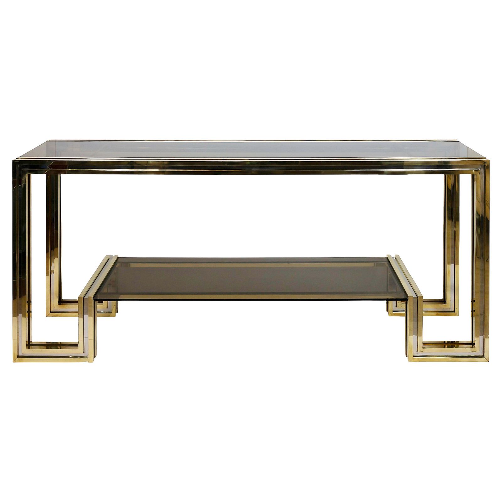 Italian Rare Mid Century Brass, Chrome And Glass Console Table By Romeo Rega