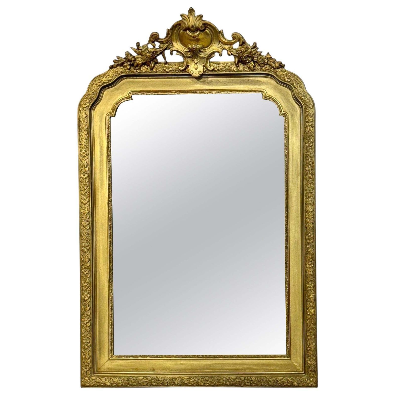19th Century French Gilded Mirror With Floral Crest And Original Glass