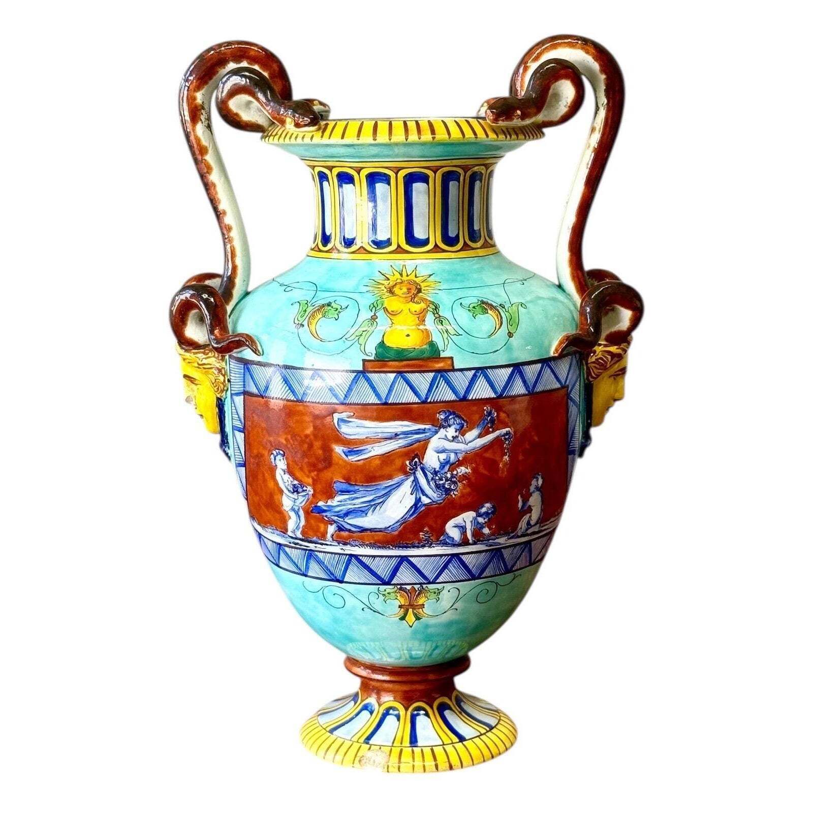 Large 19th Century Jules Vieillard Majolica Vase With Mythological Scenes