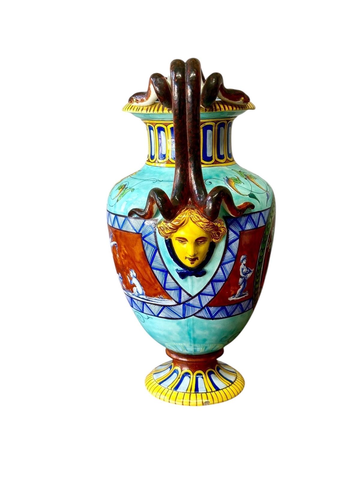 Large 19th Century Jules Vieillard Majolica Vase With Mythological Scenes photo for sale