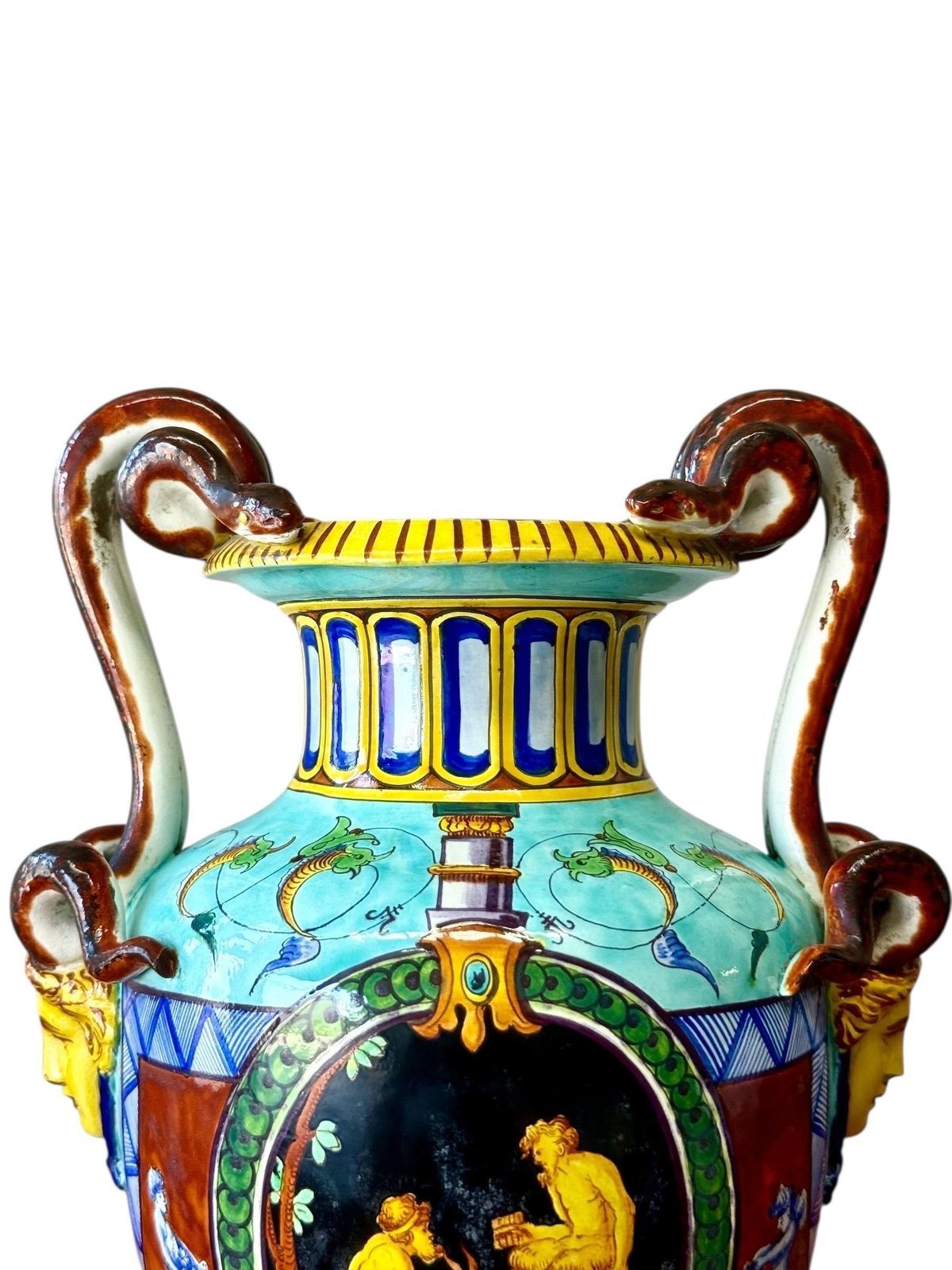 photo for sale Large 19th Century Jules Vieillard Majolica Vase With Mythological Scenes