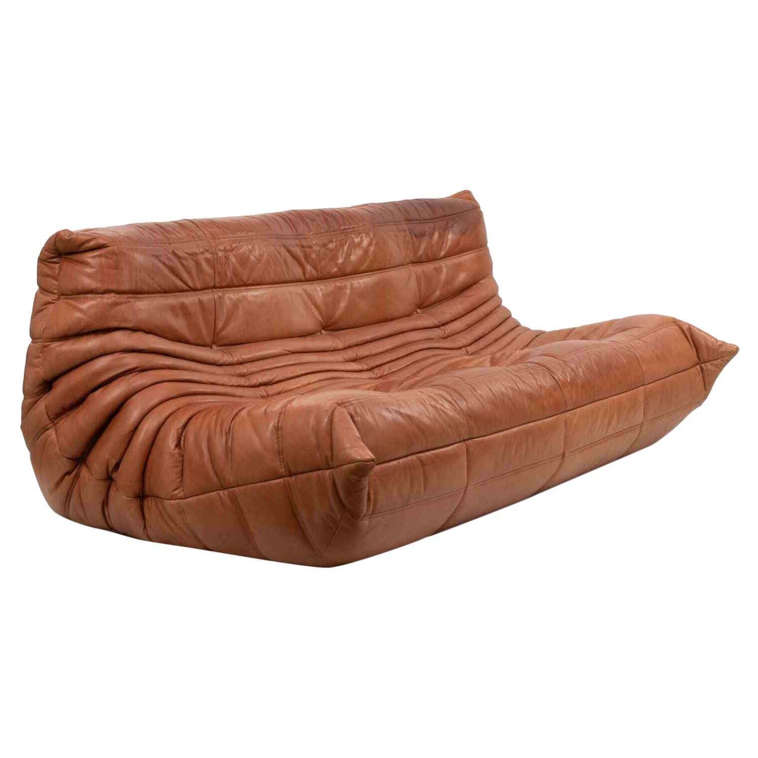 "Togo" Vintage Leather Sofa By Michel Ducaroy For Ligne Roset, Italy 1970s