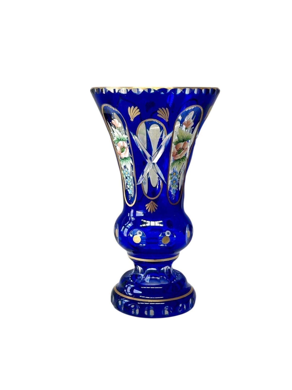 19th Century Cobalt Blue Overlay Crystal Vase With Enamel Flowers photo furniture