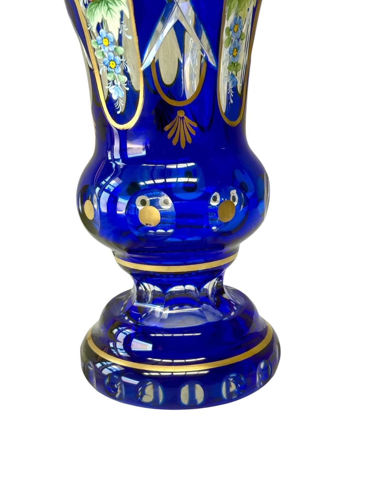 19th Century Cobalt Blue Overlay Crystal Vase With Enamel Flowers photo vinterior