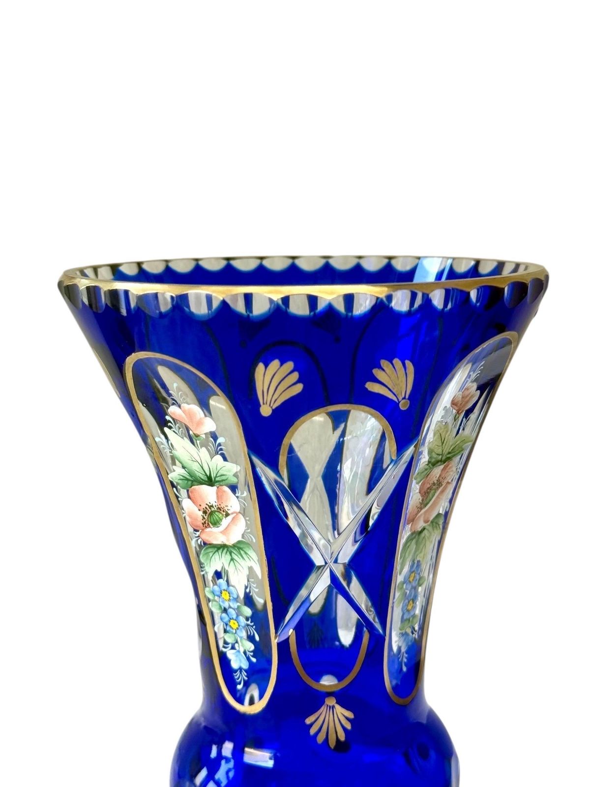 19th Century Cobalt Blue Overlay Crystal Vase With Enamel Flowers photo buy