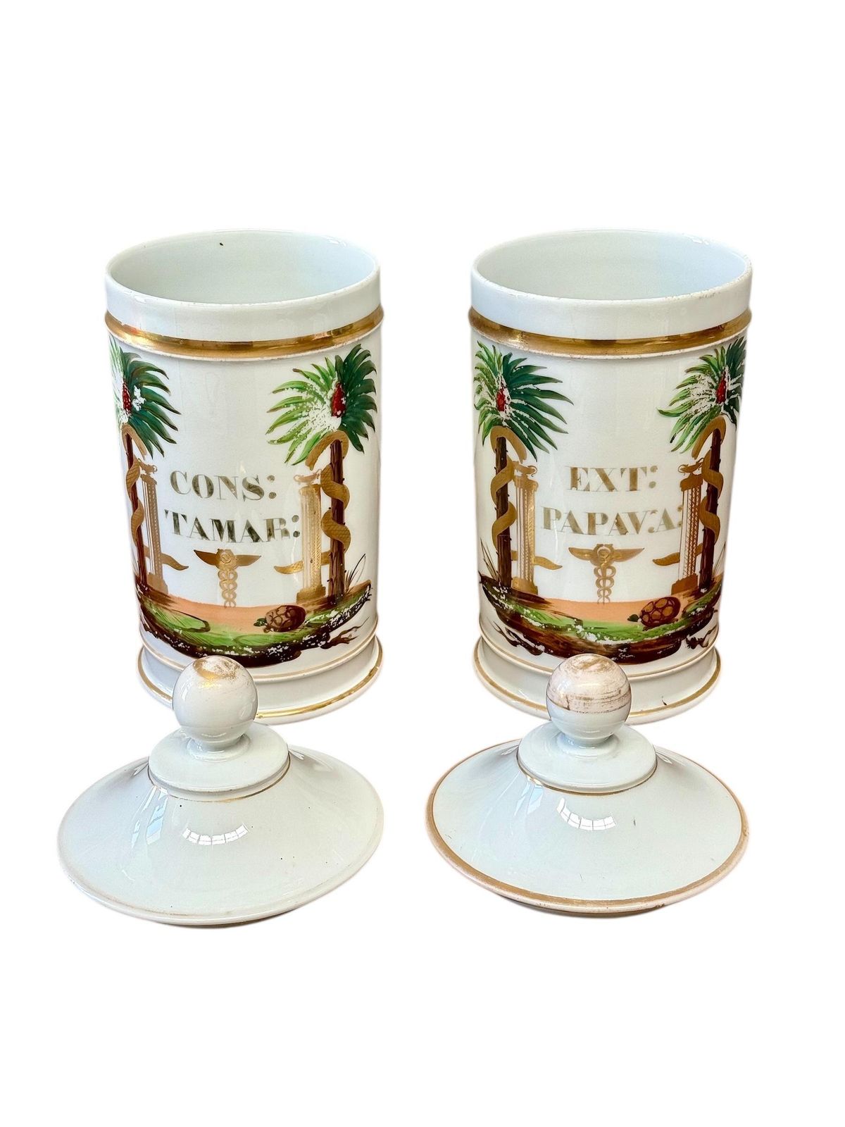 photo for sale Pair Of 19th Century French Porcelain Apothecary Lidded Jars
