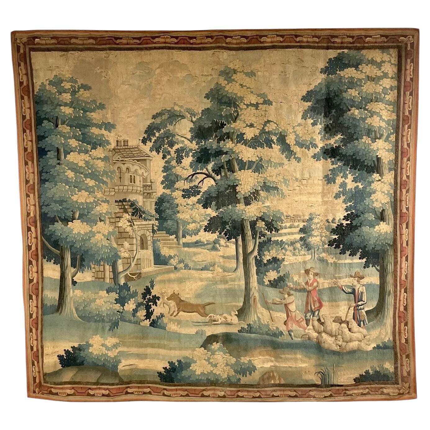 Large 18th Century Verdure Tapestry With Pastoral Scene And Wolf Attack