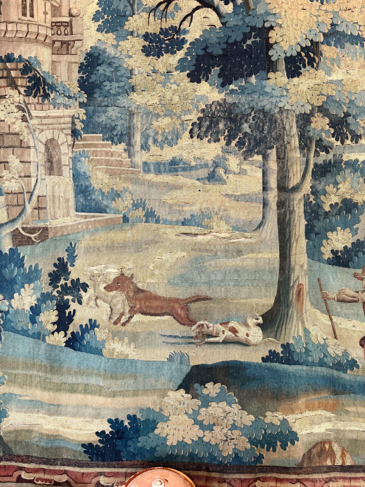 Large 18th Century Verdure Tapestry With Pastoral Scene And Wolf Attack photo vinterior