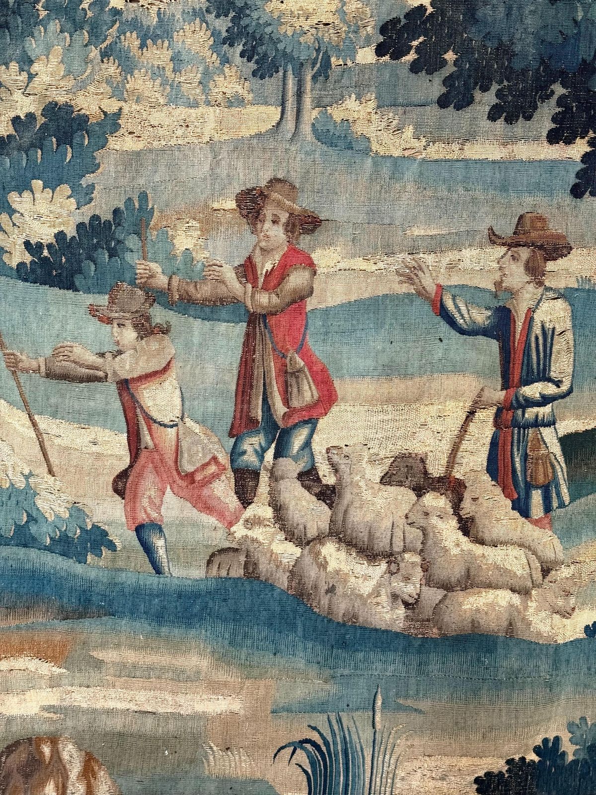 Large 18th Century Verdure Tapestry With Pastoral Scene And Wolf Attack photo buy