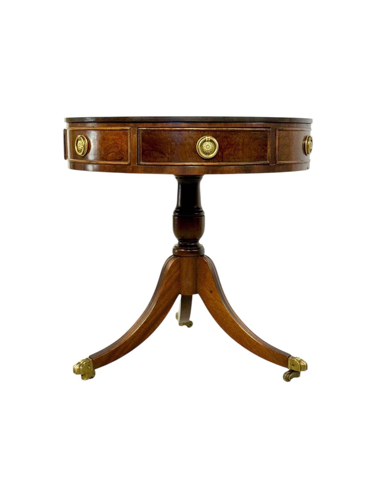 photo for sale 19th Century English Drum Gueridon With Leather Top And Drawers