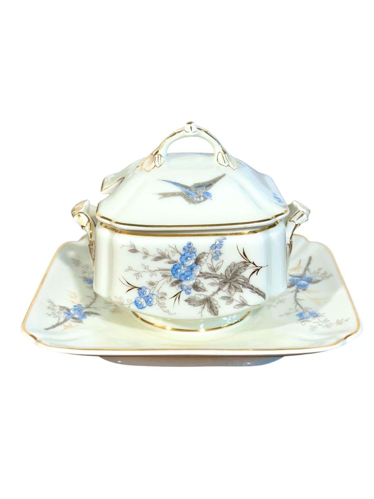 photo for sale Porcelain Dinner Service Of 43 Pieces With Blue Floral And Bird Motifs
