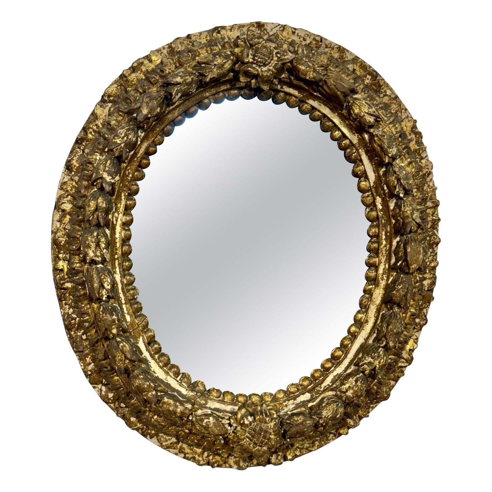 17th Century Italian Oval Giltwood Mirror With Floral Carvings