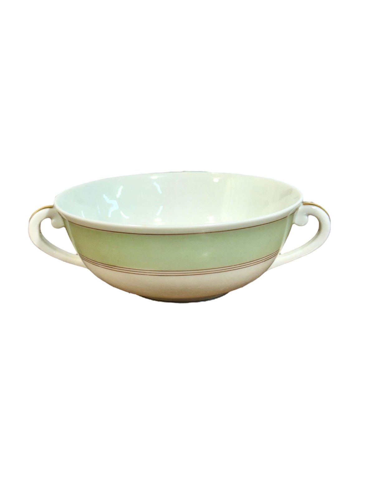 8 Limoges Porcelain Bouillons By A. Vignaud With Gold And Celadon Trim photo for sale