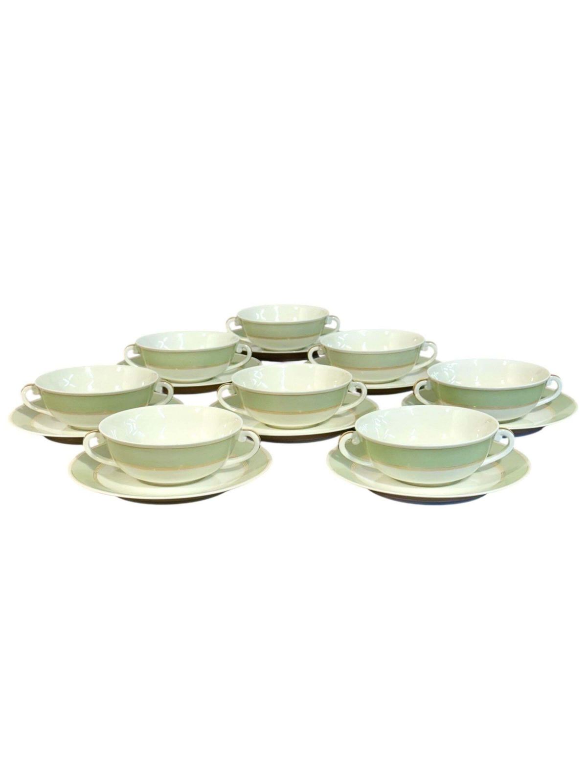 8 Limoges Porcelain Bouillons By A. Vignaud With Gold And Celadon Trim photo vintage