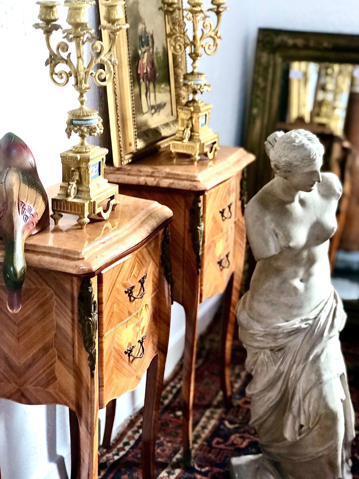 Pair Of French Louis XV Style Marquetry Nightstands With Marble Tops photo for sale