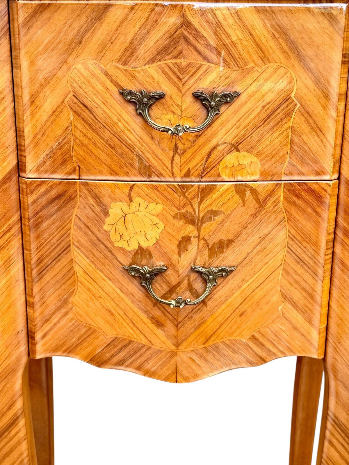 Pair Of French Louis XV Style Marquetry Nightstands With Marble Tops photo vinterior