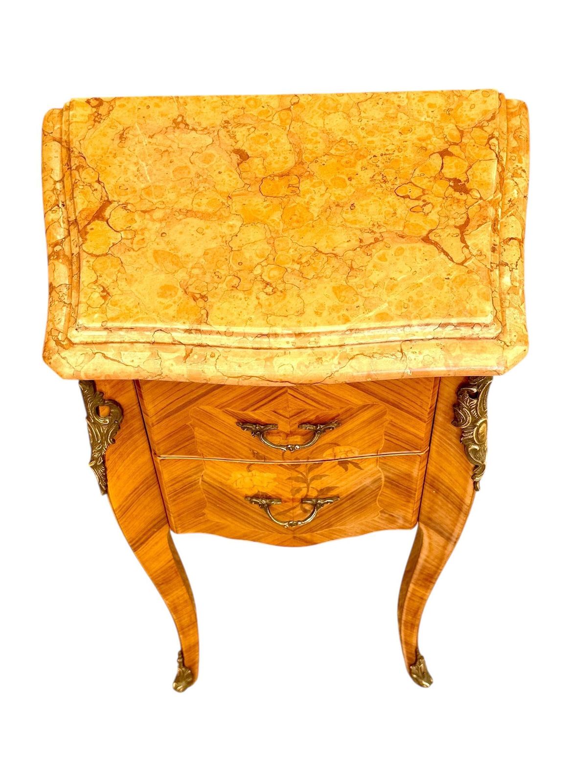 Furniture Pair Of French Louis XV Style Marquetry Nightstands With Marble Tops photo
