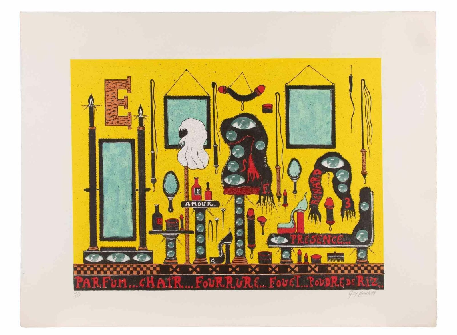 Guy Harloffparfum… Chair… Fourrure… Fouet… Poudre...   Screenprint By Guy Harloff   1970s1970s photo furniture