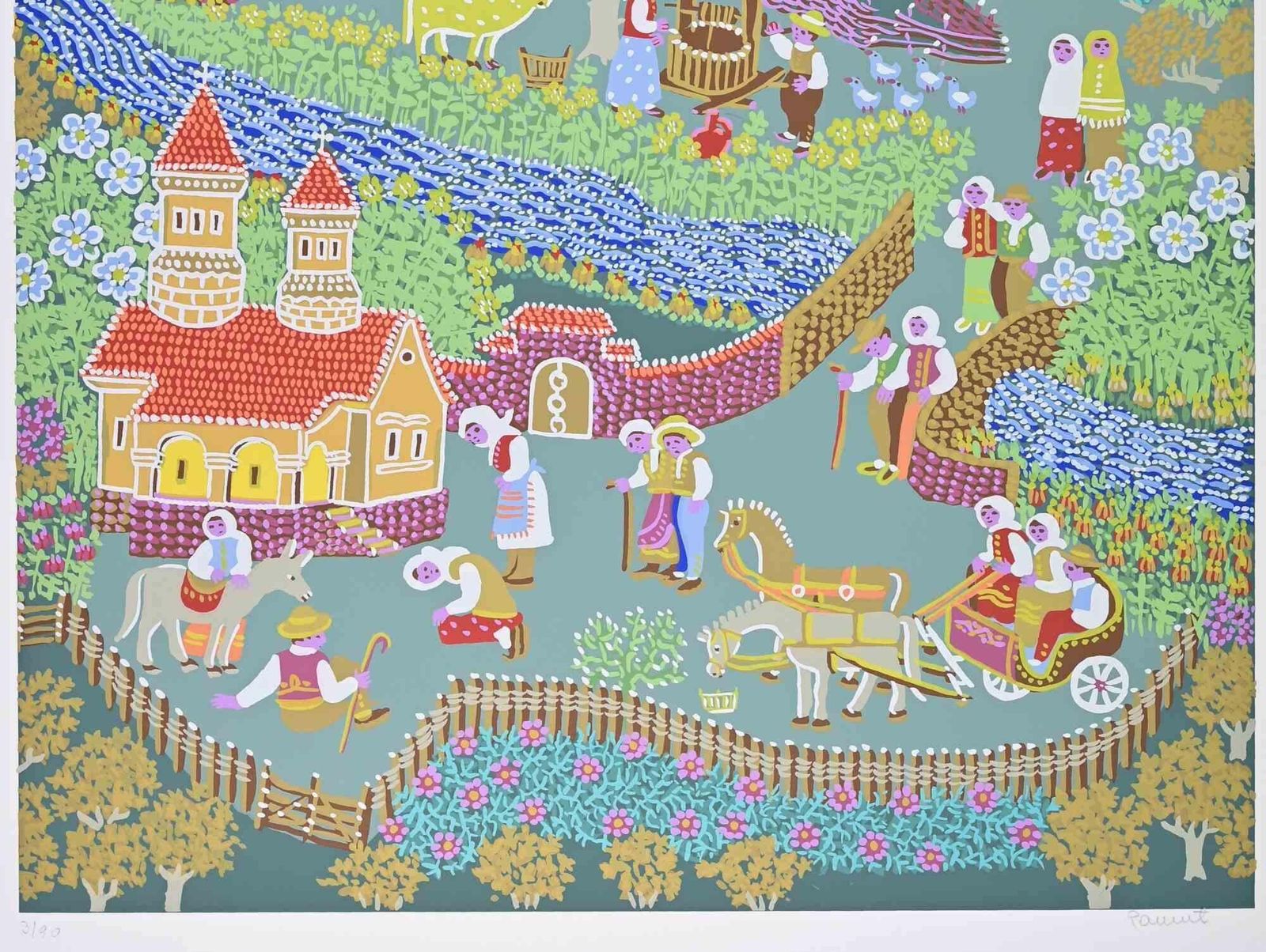 Milan Rasicvillage Life With Church And Procession   Screenprint By Milan Rasic  19761976 photo furniture