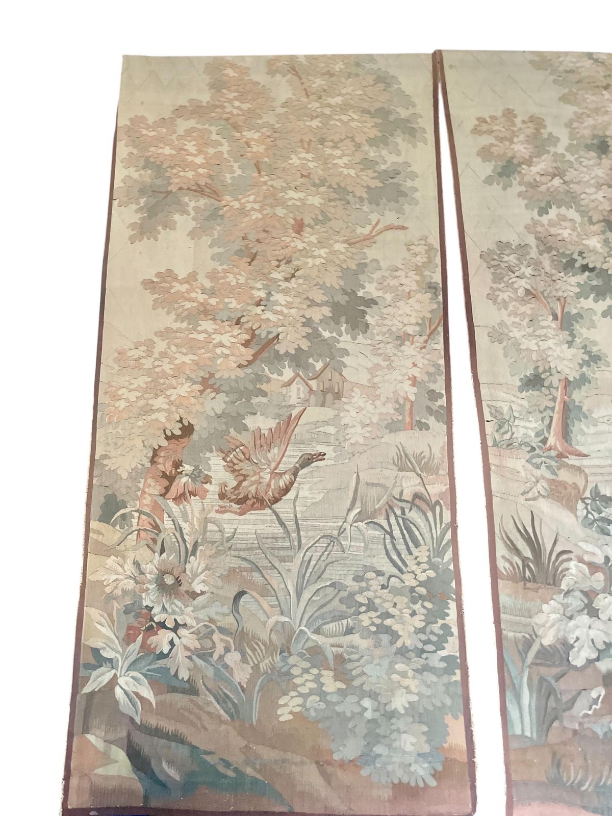 19th Century Rare Pair Of Large Aubusson Verdure Tapestries With Heron And Duck photo buy