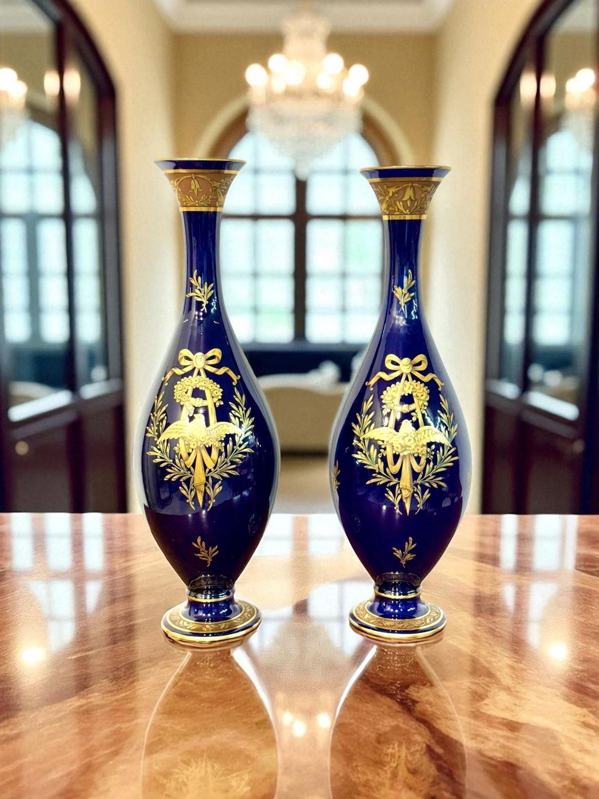 Rare Pair Of Cobalt Blue & Gilt Amphora Vases By Jaget & Pinon, Tours C.1930 photo furniture