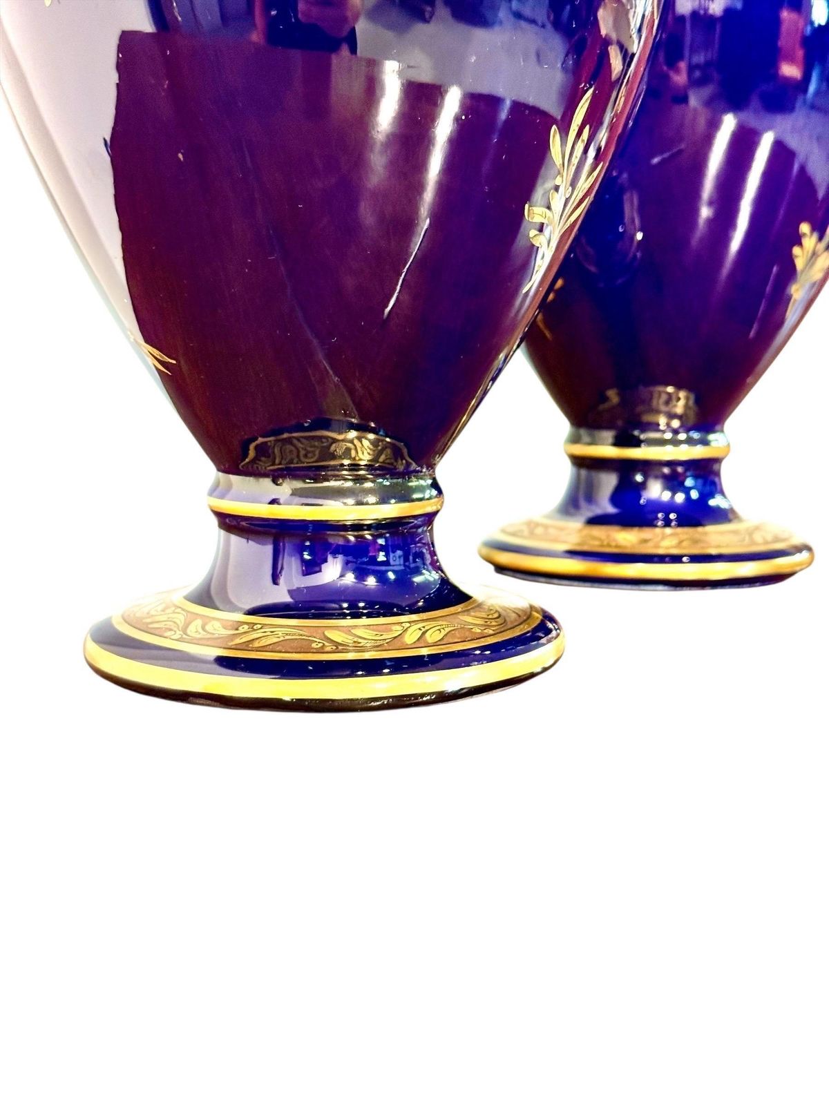 Rare Pair Of Cobalt Blue & Gilt Amphora Vases By Jaget & Pinon, Tours C.1930 photo 3878.0