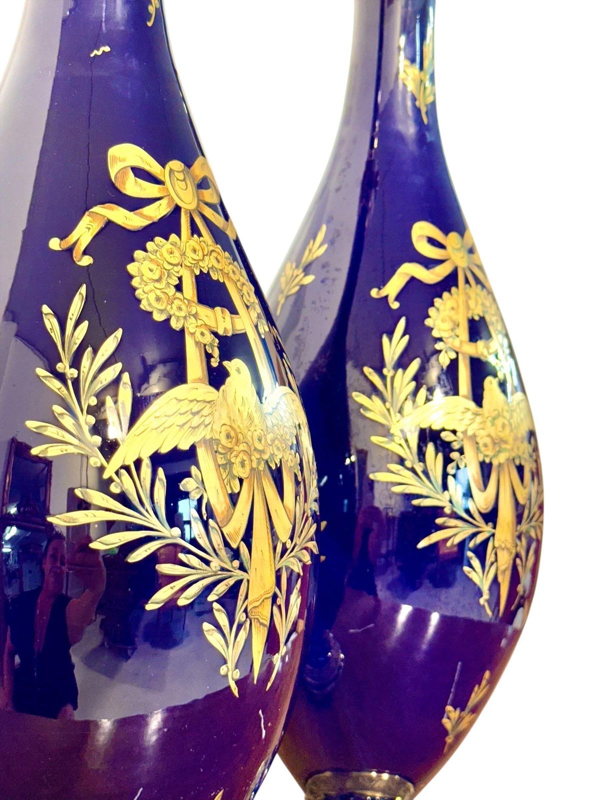 photo for sale Rare Pair Of Cobalt Blue & Gilt Amphora Vases By Jaget & Pinon, Tours C.1930