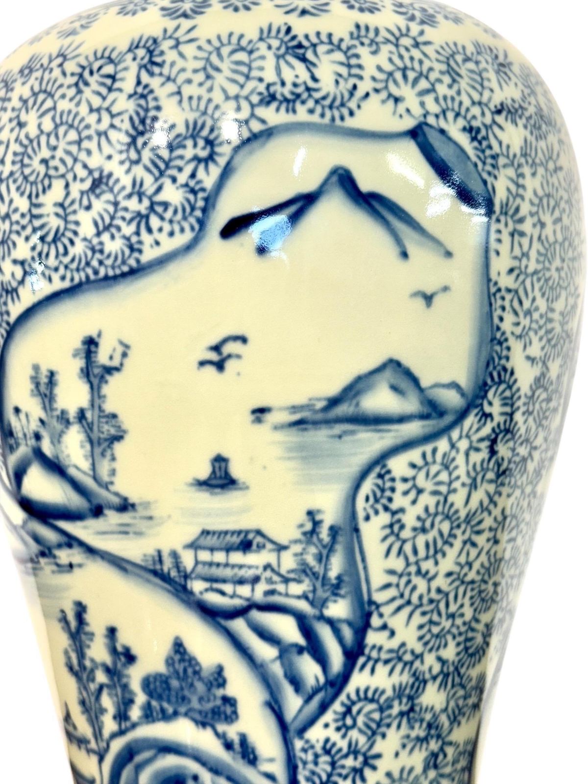 photo furniture Large Blue And White Faience Lidded Vase With Landscape Motifs