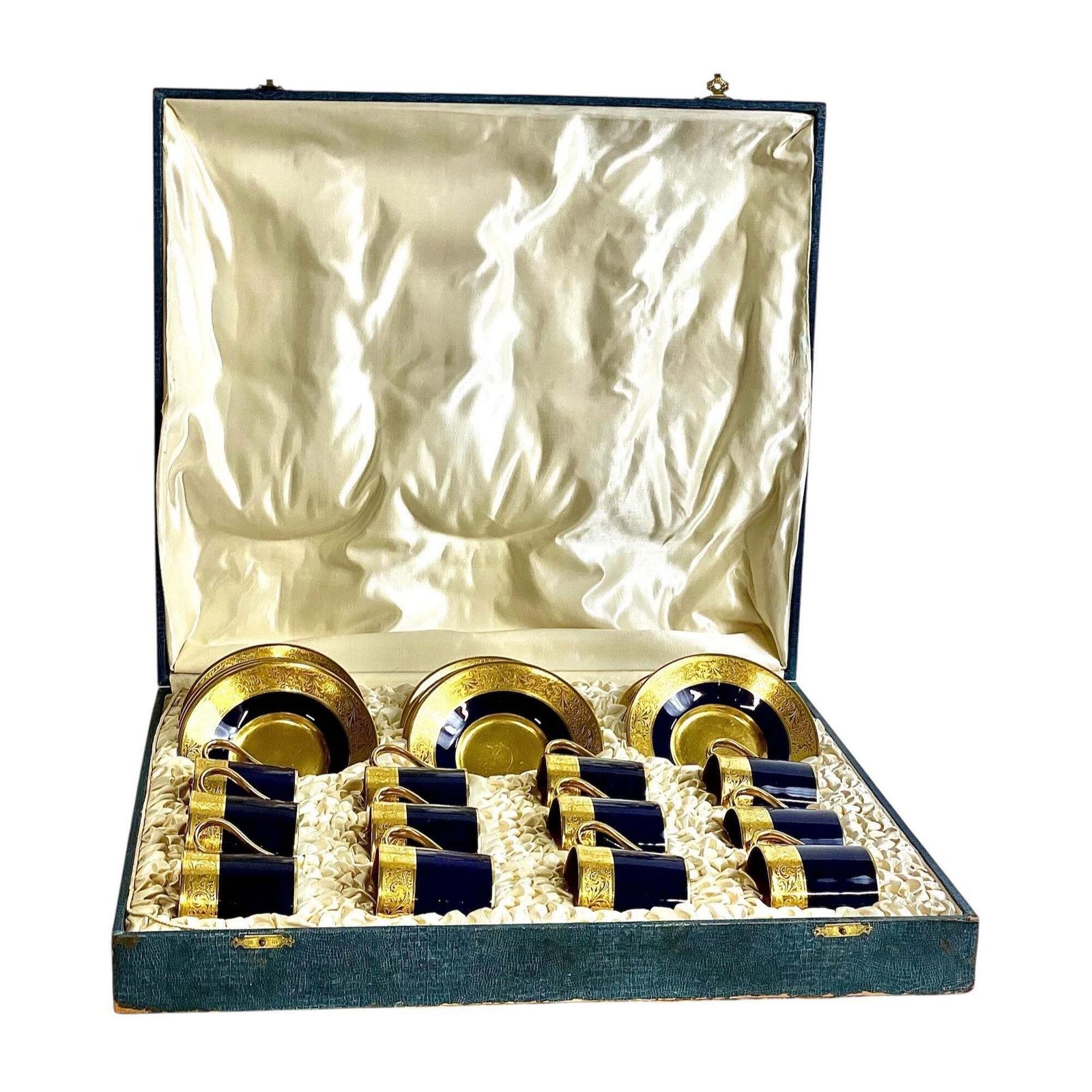 Limoges Coffee Set For 12 In Blue And Gold, Early 20th Century