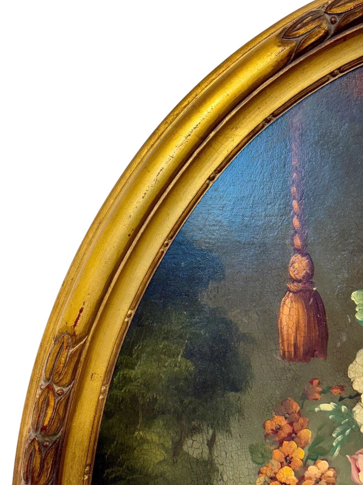 photo buy Floral Still Life With Parrot, Oval Oil On Panel, Signed, Late 19th C.