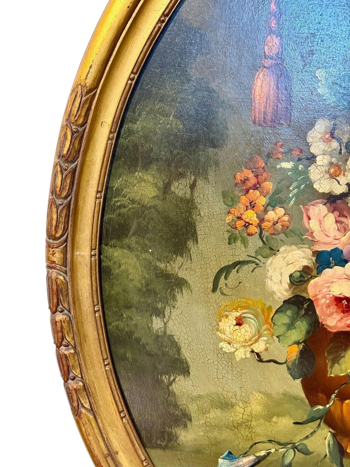 photo vintage Floral Still Life With Parrot, Oval Oil On Panel, Signed, Late 19th C.