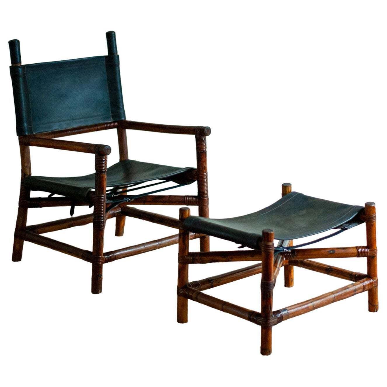 Bamboo Lounge Set With Chair And Footstool   1970s